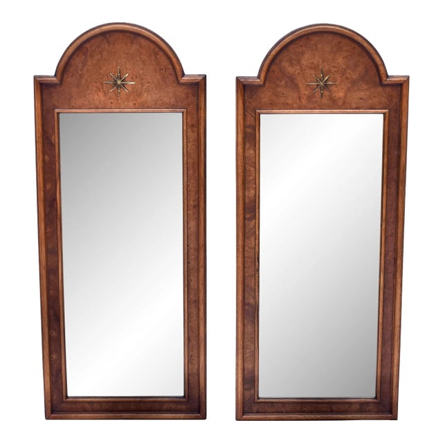 Mid 20th Century Italian Burl Olive Arched Beveled Wall Mirrors For Sale