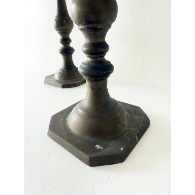 Vintage Mid-Century Modern Brass Turned Candlestick Holders, a Pair For Sale In New York - Image 6 of 13