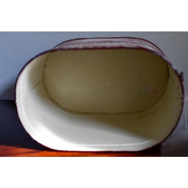 Red 1980s Red Cream Toleware Painted Planter, Ice Bucket, Hand-Painted Pastoral River Scene, Oval Cachepot With Handles, 13.5"w For Sale - Image 8 of 9