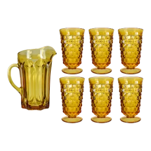Vintage Amber Serving Drink Iced Tea Whitehall Pattern Glasses and Pitcher - 7 Pieces