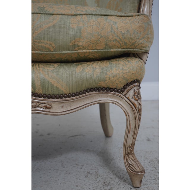 Pair Baker French Louis XV Damask Upholstered Bergere Chairs For Sale - Image 10 of 18