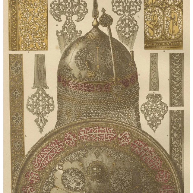 This exquisite antique print highlights the ornamental mastery of Middle Eastern metalwork, with a particular focus on...