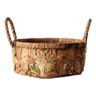 Vintage Handmade Floral Raffia Basket With Braided Handles For Sale