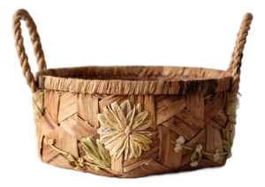 Vintage Handmade Floral Raffia Basket With Braided Handles