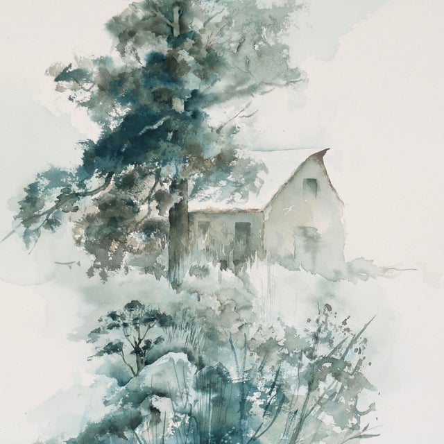 Late 20th Century Original Landscape Watercolor by Tulsa Artist Ellen Shannon – Tree, House & Reflection Scene For Sale - Image 11 of 15