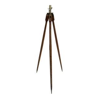 Vintage Surveyor’s Tripod Floor Lamp in Oak With Brass Hardware, 61” H For Sale