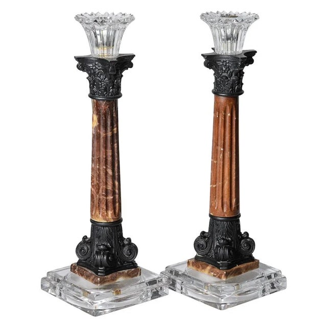 French Antique Pair of Column Marble & Glass Candlesticks/Candleholders For Sale - Image 13 of 13
