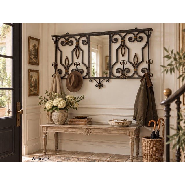 Black French Wall Coat Hat Rack Stand in Wrought Iron with Mirror, 1950s For Sale - Image 8 of 9