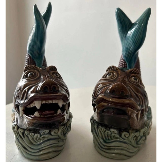 Vintage Pair of Chinese Porcelain Statues of Koi Dragon Carp Dragon Fish Figurines. 10"h & 9.5"h For Sale - Image 11 of 14