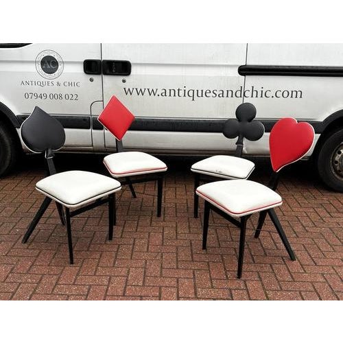 Mid Century Set Of Card Suit Dining Chairs, Poker Chairs, Games Table Chairs. Sizes :- 90 cms tall, 45 cms wide, 49 cms...