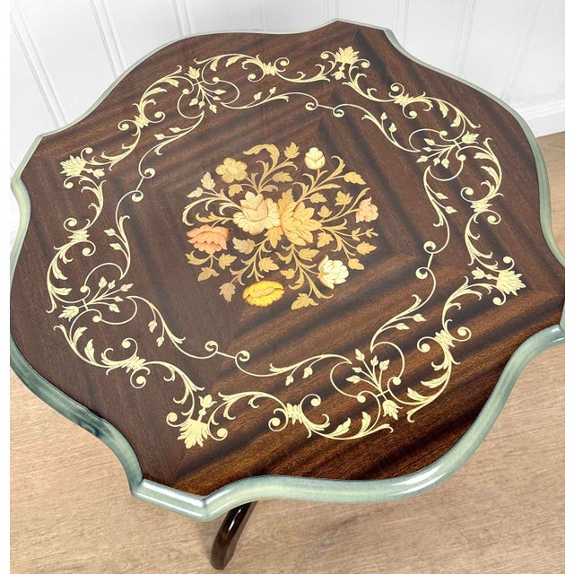 1970s Vintage Italian Rococo Floral Marquetry Fruitwood TurtleTop Side Tables - A Pair For Sale - Image 5 of 10