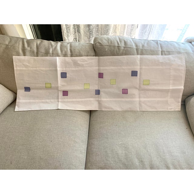 White Pottery Barn Table Runner Embroidered Colored Patches Purple Blue Green on White Cotton Fabric For Sale - Image 8 of 12