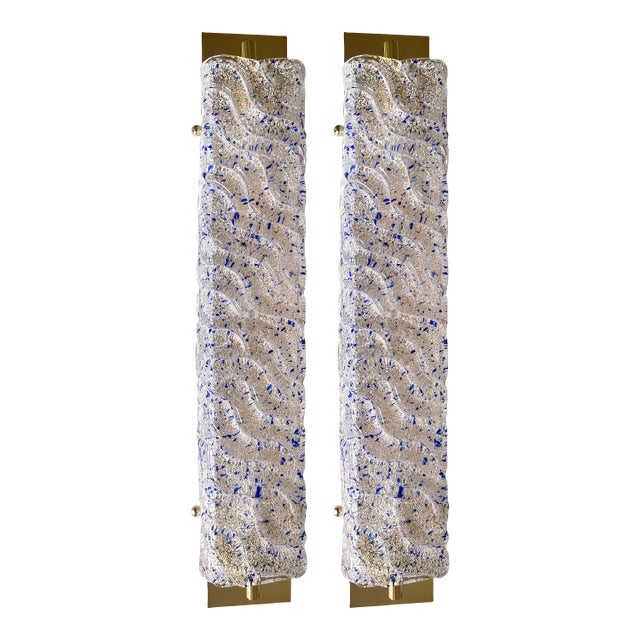 Luxury Gold Wall Sconces With Blue "Graniglia" Murano Glass --Set of Two For Sale