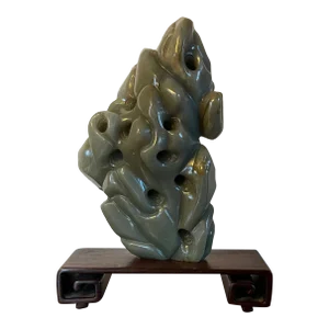 Antique Early 20th Century Chinese Carved Jade Scholar's Object or Sculpture on Wood Stand