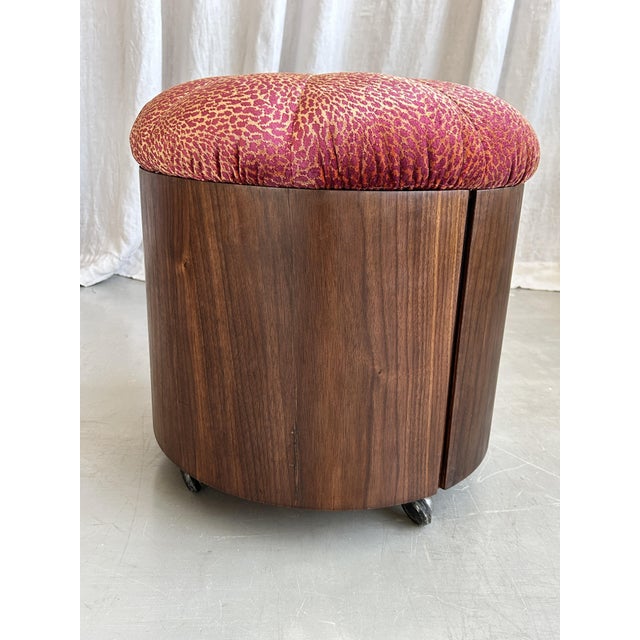 Stunning leopard print velvet and wooden pouf from the 1970s, Italy. A true Italian mid century seating accessory which...