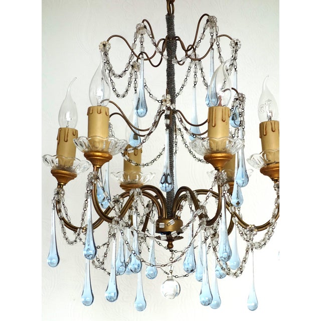 Antique Gilded Metal Murano Glass Drop Six-Light Chandelier, 1930s For Sale - Image 14 of 14