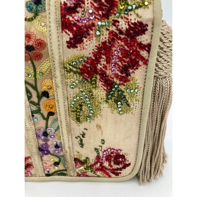 Vintage Judith Leiber Silk Floral Crystal Embroidered Tassel Clutch For Sale - Image 10 of 11