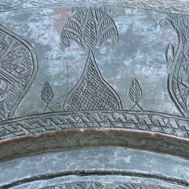 Silver Mid-Century 25" Persian Tinned Copper Shallow Basin Tray Table on Wood Stand 28” For Sale - Image 8 of 12