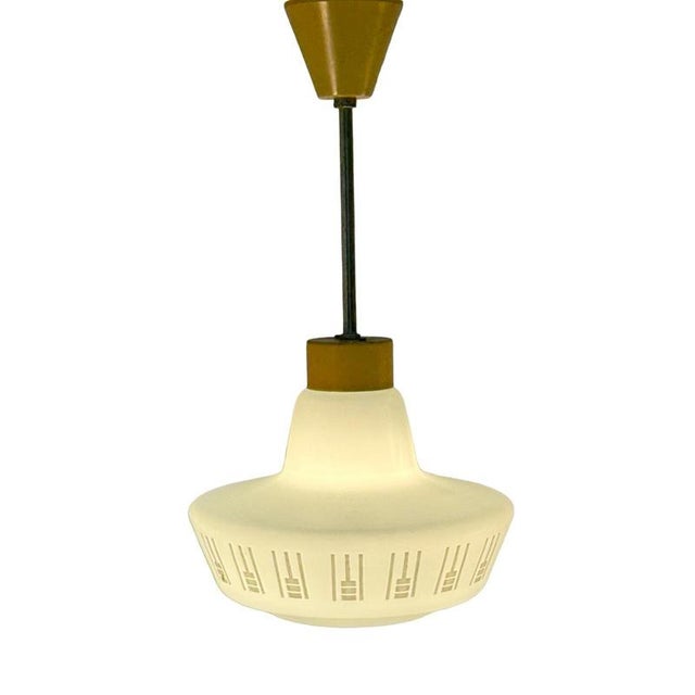 Gold Vintage Pendant Light in Frosted White Glass, 1950s For Sale - Image 8 of 8