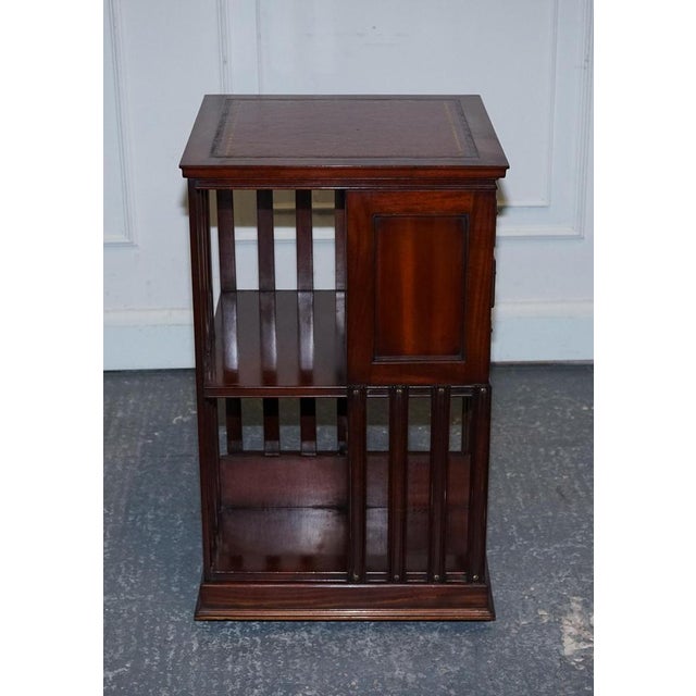 Revival Inlaid Revolving Bookcase End Table with Brown Aged Leather Top For Sale - Image 9 of 18