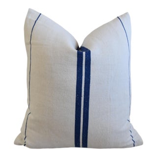French Country Grain Sack Coastal Nautical Blue Stripe Feather/Down Pillow For Sale