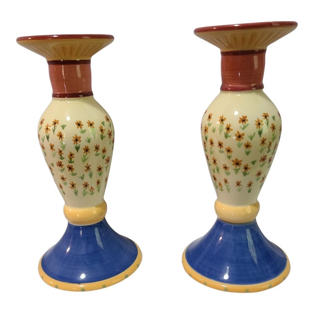 Pair of Vintage Pfaltzgraff Pistoulet Hand Painted Floral Colorful Ceramic Pistoulet Candle Sticks For Sale