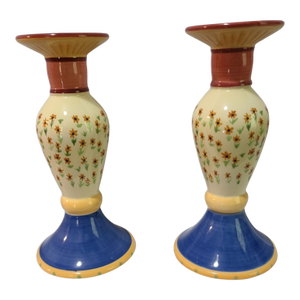 Pair of Vintage Pfaltzgraff Pistoulet Hand Painted Floral Colorful Ceramic Pistoulet Candle Sticks