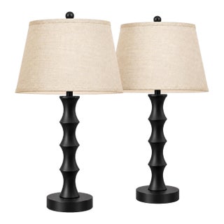 Late 20th Century Sculptural Matte Black Table Lamps With Linen Shades - A Pair For Sale