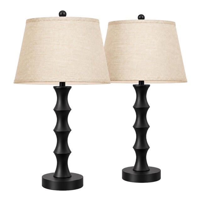 Late 20th Century Sculptural Matte Black Table Lamps With Linen Shades - A Pair For Sale