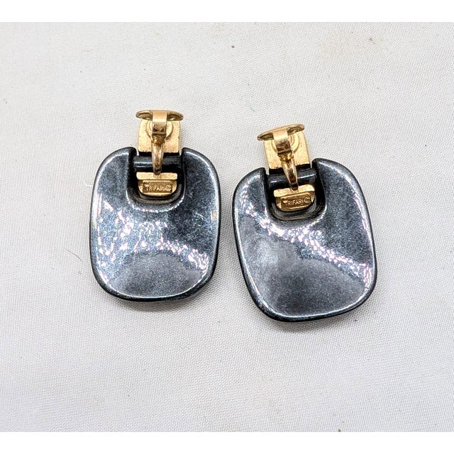 Metal Vintage Signed Crown Trifari Silver/Black Resin Drop Clip Earrings-2 Pieces For Sale - Image 7 of 8