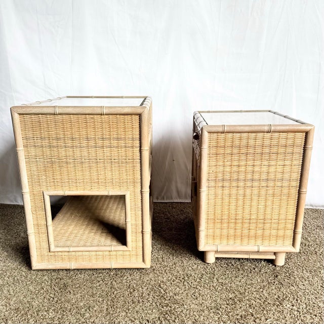 Late 20th Century Boho Chic Coastal Faux Bamboo Wicker Glass Top Table on Casters and Nightstand- Set of 2 For Sale - Image 5 of 11