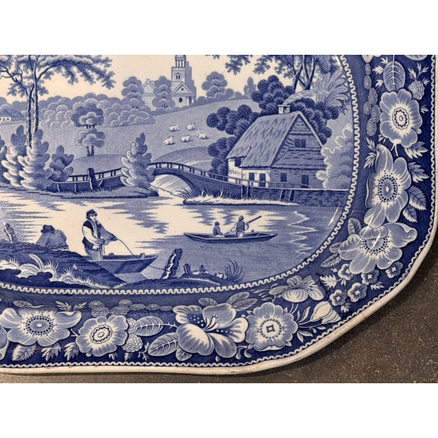 19th Century Blue Transferware Platter, “Boatman” Pattern For Sale - Image 4 of 8