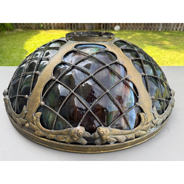 Art Nouveau 1960s Tiffany-Style Iridescent Glass & Bronze Turtleback Tile 26" Shade (Shade Only) For Sale - Image 3 of 18