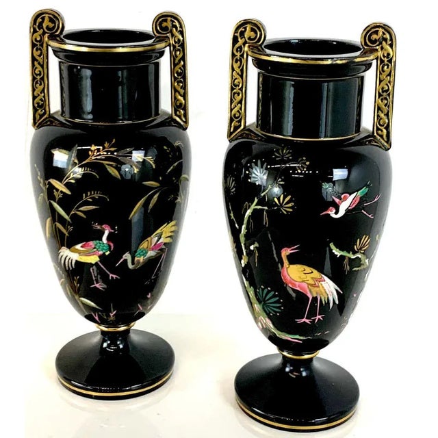Late 19th Century French Aesthetic Movement Enameled Bird Motif Black & Gold Vases - a Pair For Sale - Image 4 of 9