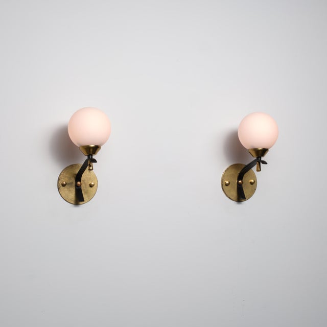 Vintage Italian Wall Sconces in Brass and Opaline Glass Shade, 1950s, Set of 2 For Sale - Image 4 of 11