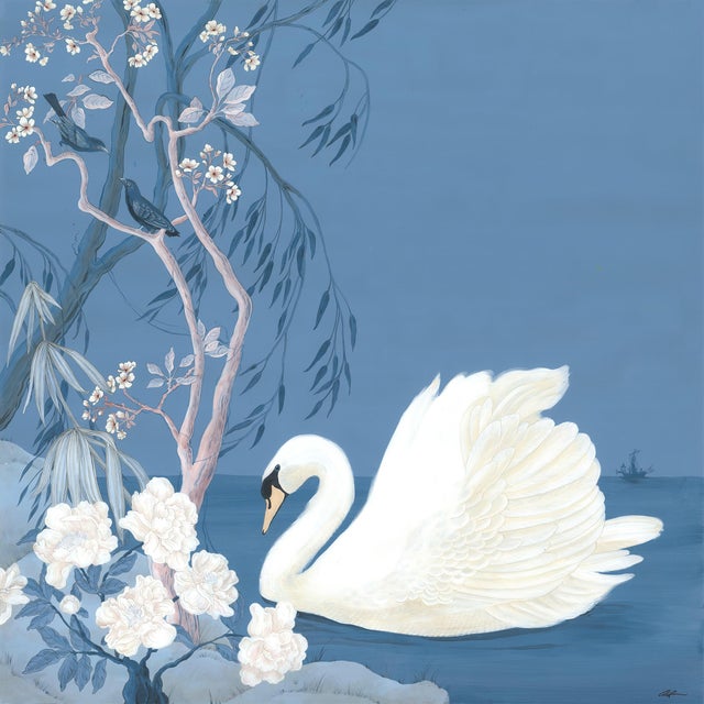 "Swan and Only" Contemporary Blue and White Chinoiserie Painting by Allison Cosmos For Sale