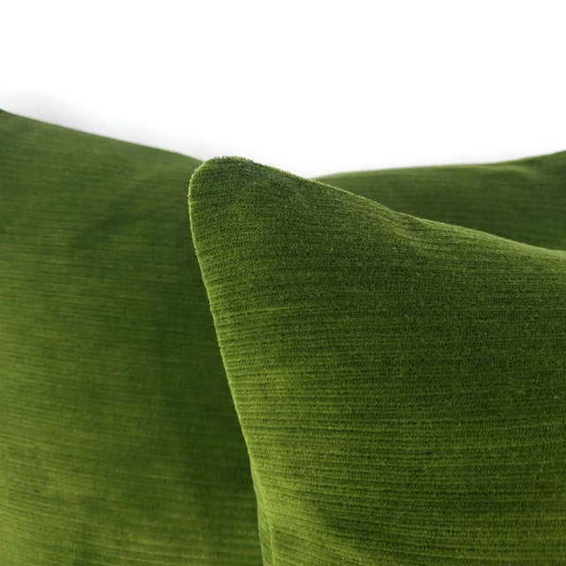 Moss Green Texture Velvet Pillow Cover - Dark Olive Green Stripe Velvet Square Cushion Case For Sale - Image 4 of 6