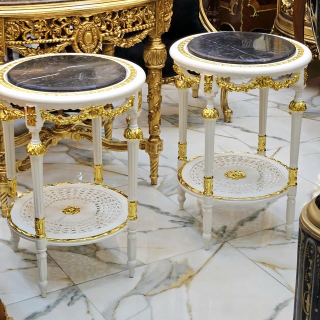 French French Style Gold Leaf Side Table Set of 2 – Black Marble Top With Ornate White & Gilt Frame For Sale - Image 3 of 3