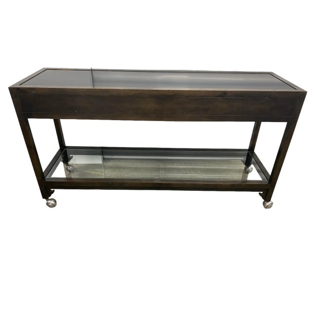 Baker Furniture Wood Sofa Console Entry Table on Casters With Glass Top and Drawers For Sale In Indianapolis - Image 6 of 10