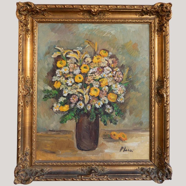 A vibrant and expressive floral still life by Francesca Plasa (1921), painted in oil on canvas. This work features a lush...