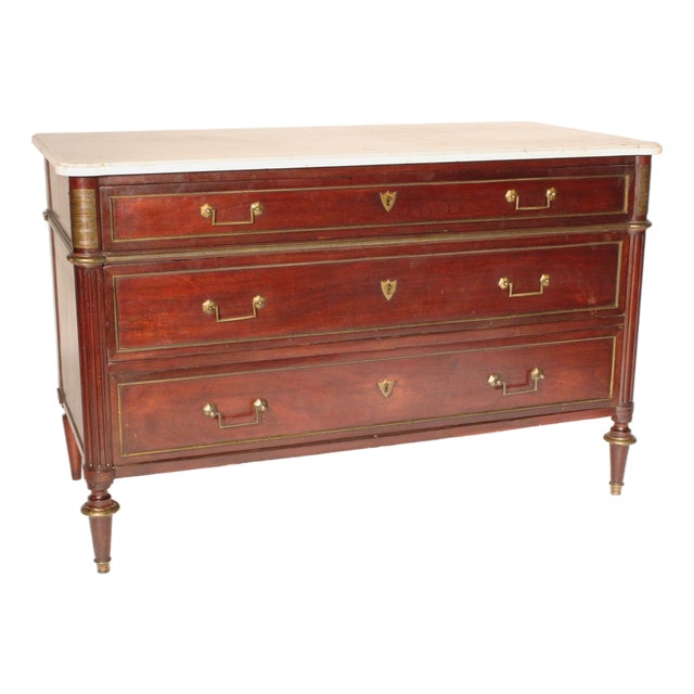 Louis XVI Brass Mounted Mahogany Chest of Drawers With Carrara Marble Top For Sale