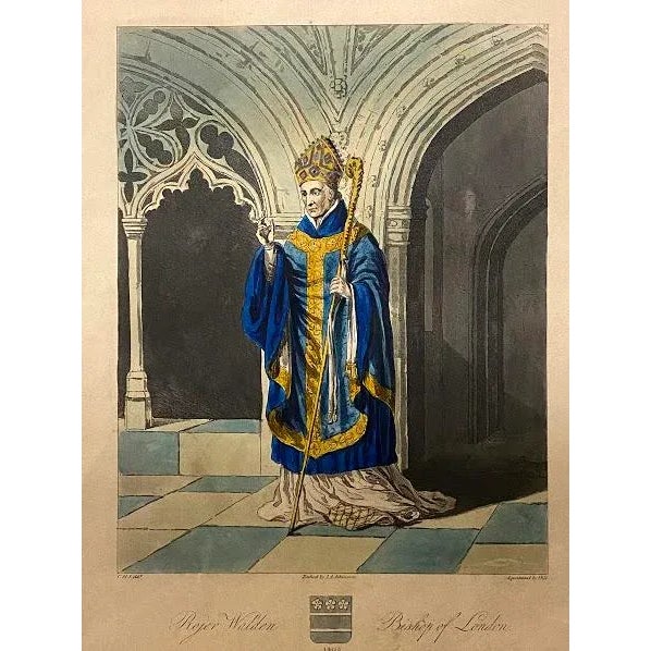 Original hand colored etching and aquatint depicting Rojer Walden, Bishop of London in 1405. This print is curated by the...