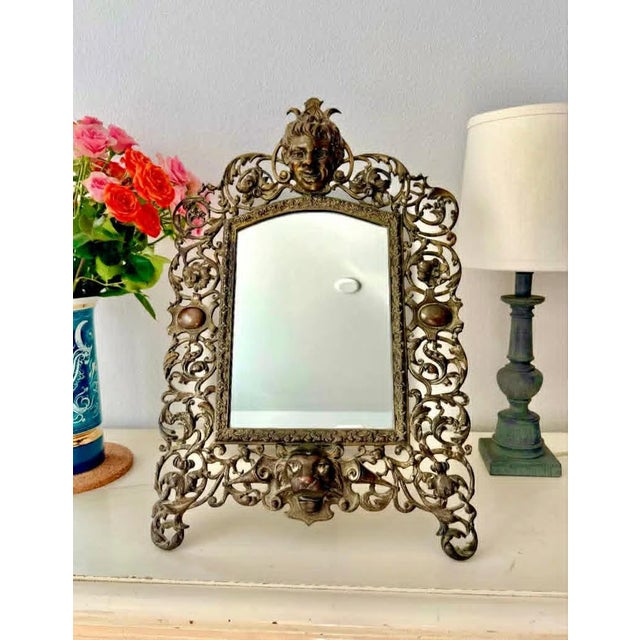 Metal Antique Gilded Cast Iron Cherub and Lion Heads, Victorian French Style Ornate Vanity Table Mirror From Late 19th Century For Sale - Image 7 of 12