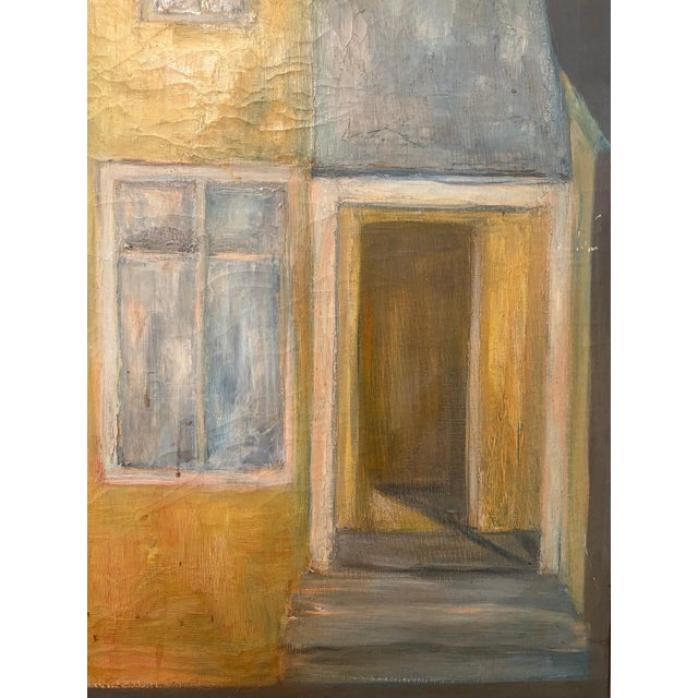 A tall, richly textured modernist painting of a gabled yellow house with a dusty blue-grey roof, set against a deep olive-...