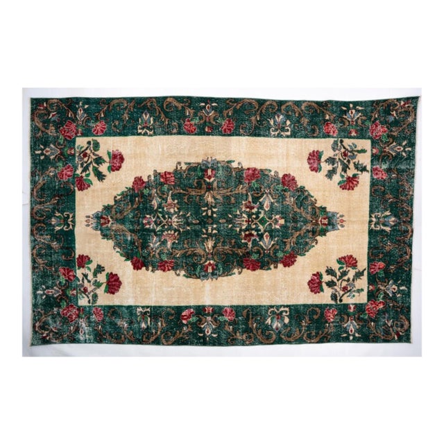 Vintage 1960s Turkish Sparta Rug, Emerald Green & Cream With Roses – 6'9" X 10'6" For Sale