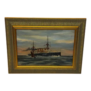 Antique British Framed C1900's Seascape Oil Painting HMS Powerful Royal Navy Cruiser Ship Follower Charles Dixon