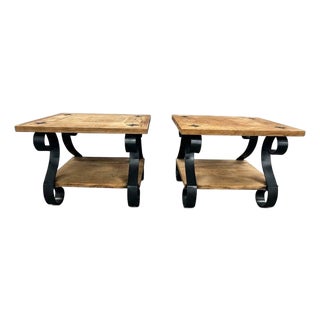 Lane Set 2 Rustic Brutalist End Table Oak Iron Parquet Wood Vintage 1969 For Sale