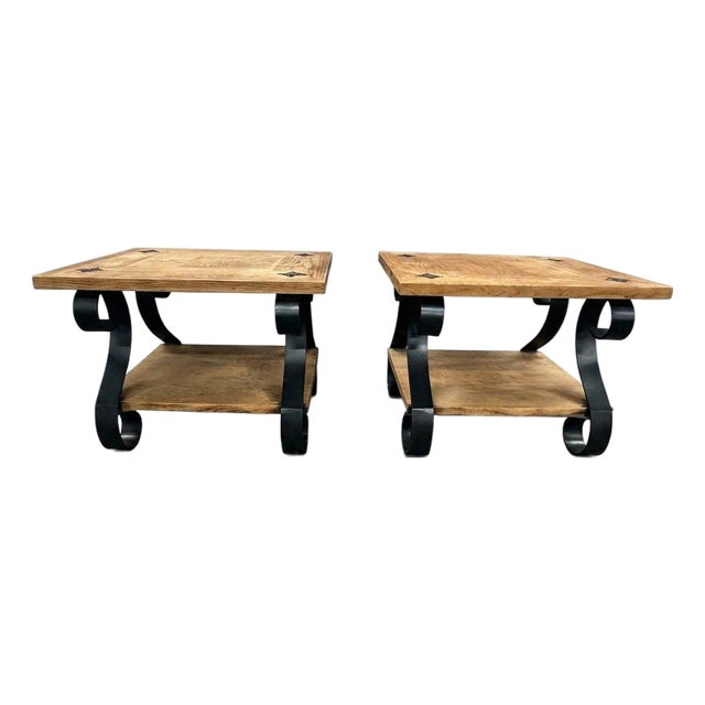 Lane Set 2 Rustic Brutalist End Table Oak Iron Parquet Wood Vintage 1969 For Sale