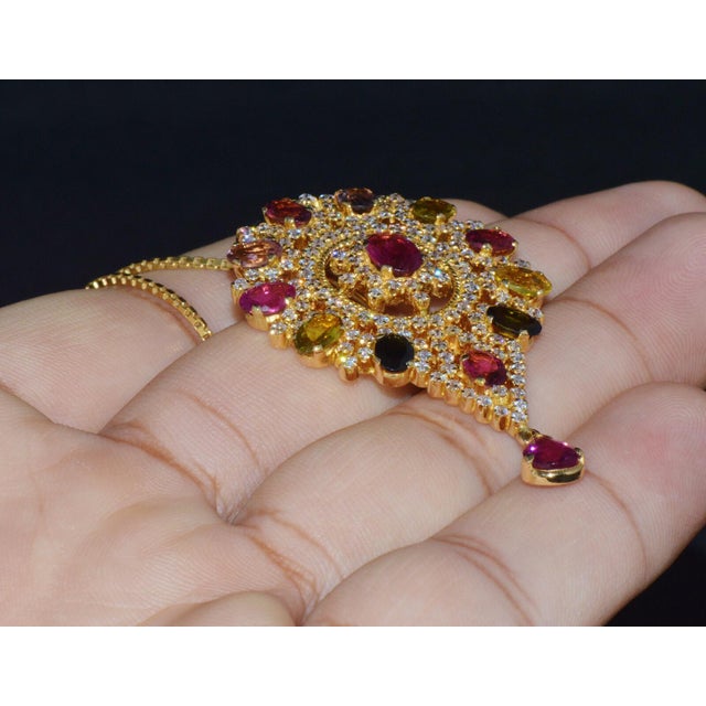Certified Natural 10.46Cts VS G Diamond Multi Tourmaline 18K Gold Pendant Brooch For Sale - Image 4 of 10