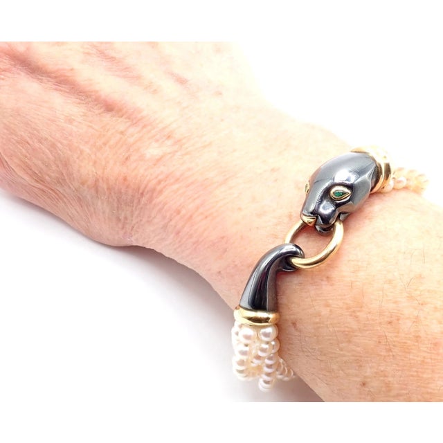 1990s Panthere De Cartier Panther Yellow Gold & Silverium Pearl Emerald Bracelet For Sale - Image 14 of 14